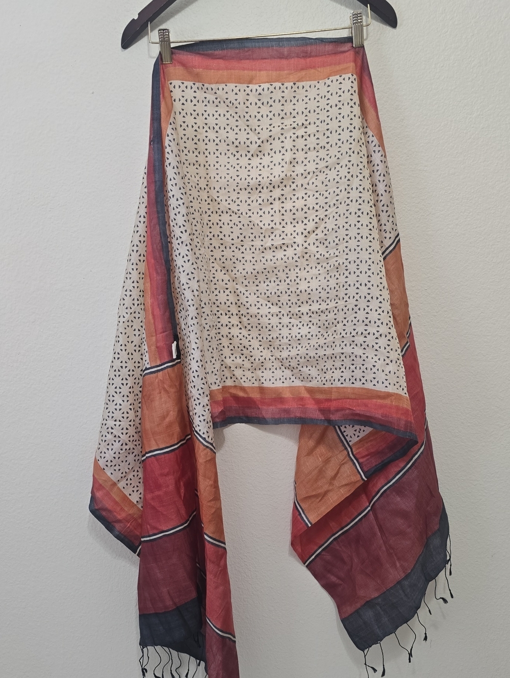 NOVICA Boho Printed Lightweight SILK Scarf Top in Cream and Rust